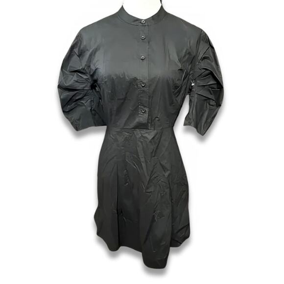 Frame Puff Sleeve Mini Dress Mock Collar Button Front Pleated Black W US S NWOT - Picture 2 of 9